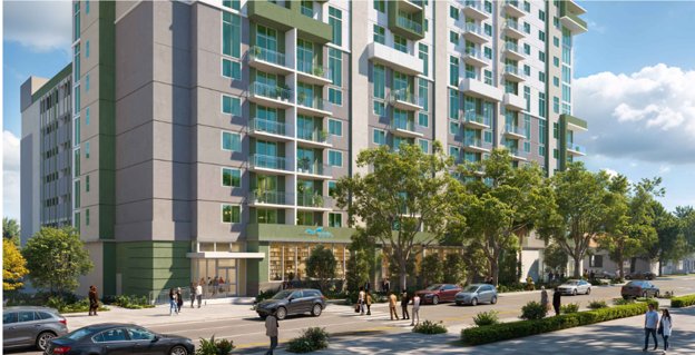 Ground-floor view of the proposed Stirrup Plaza tower with retail frontage