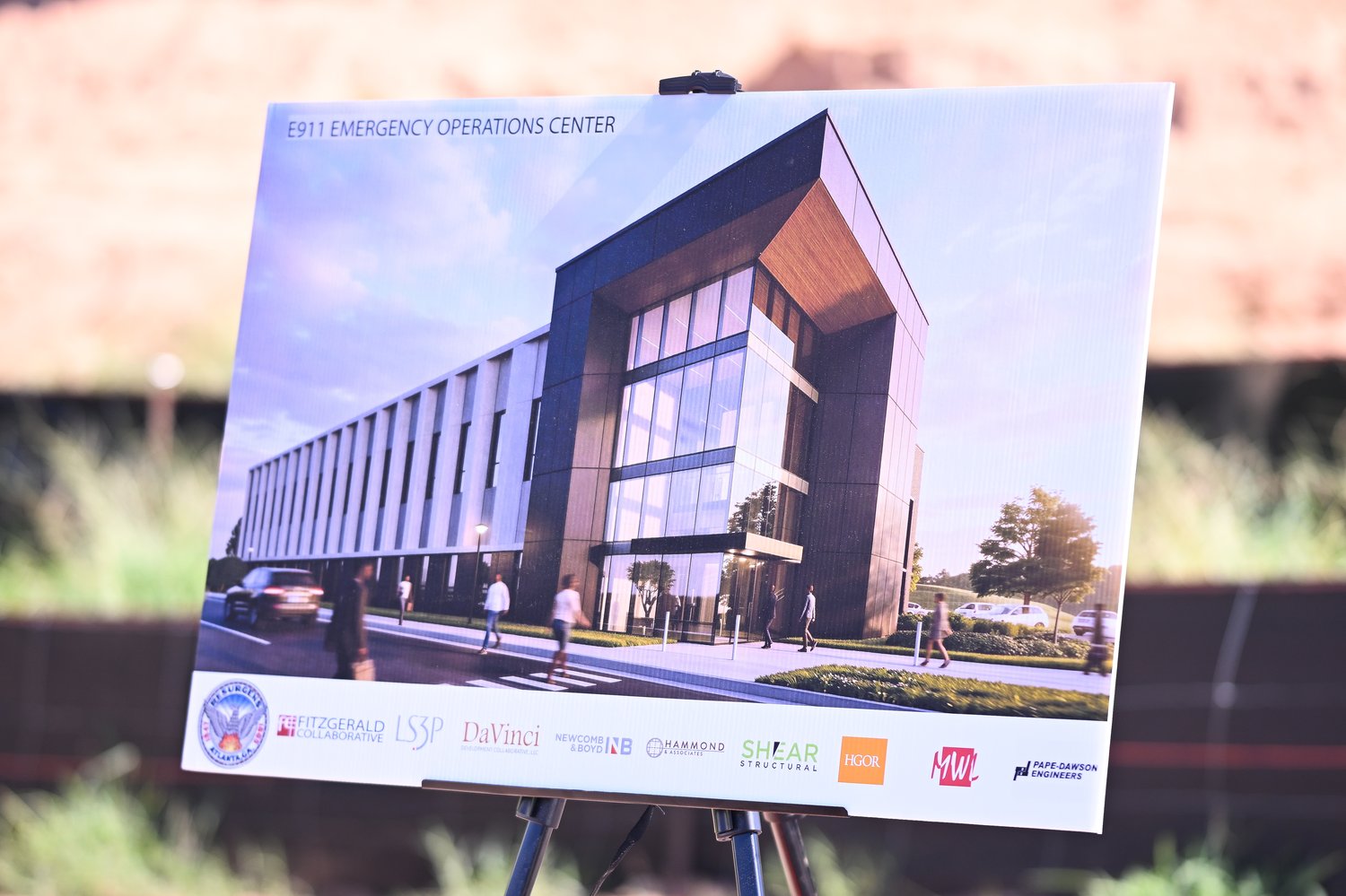 Rendering of the City of Atlanta E911 Emergency Operations Center displayed at the groundbreaking
