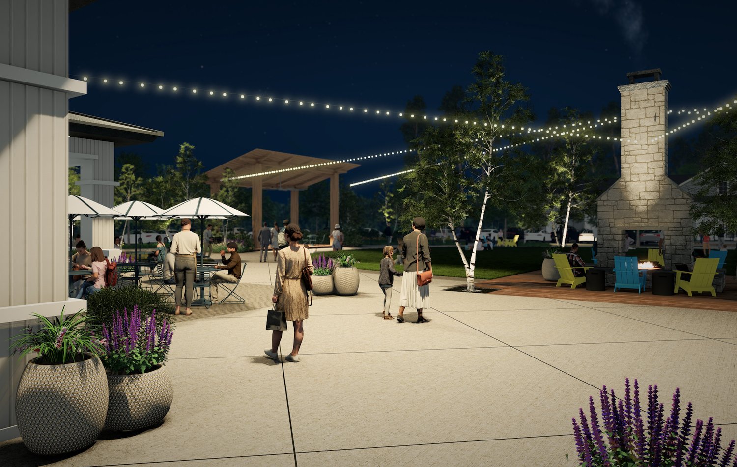 Rendering of the central green and outdoor fireplace at Meadow Glen Village