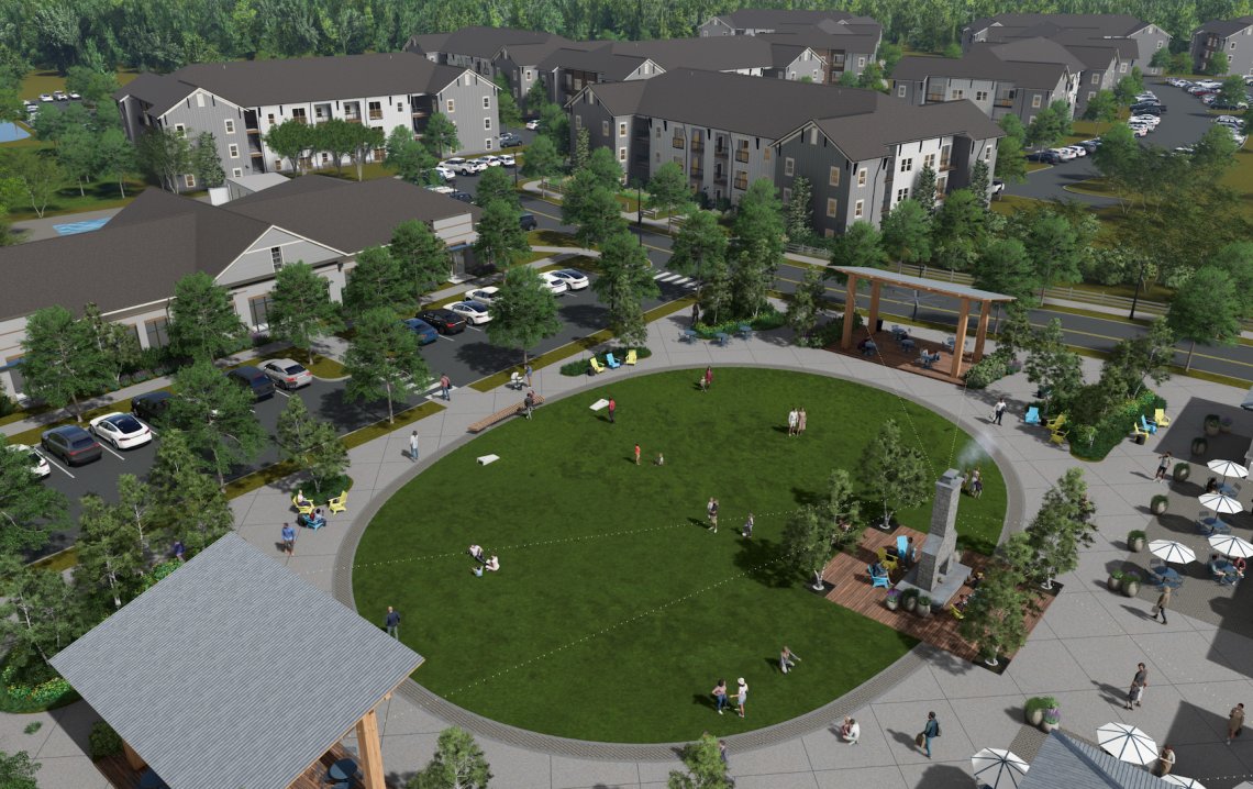 Aerial rendering of Meadow Glen Village's central green and surrounding residences