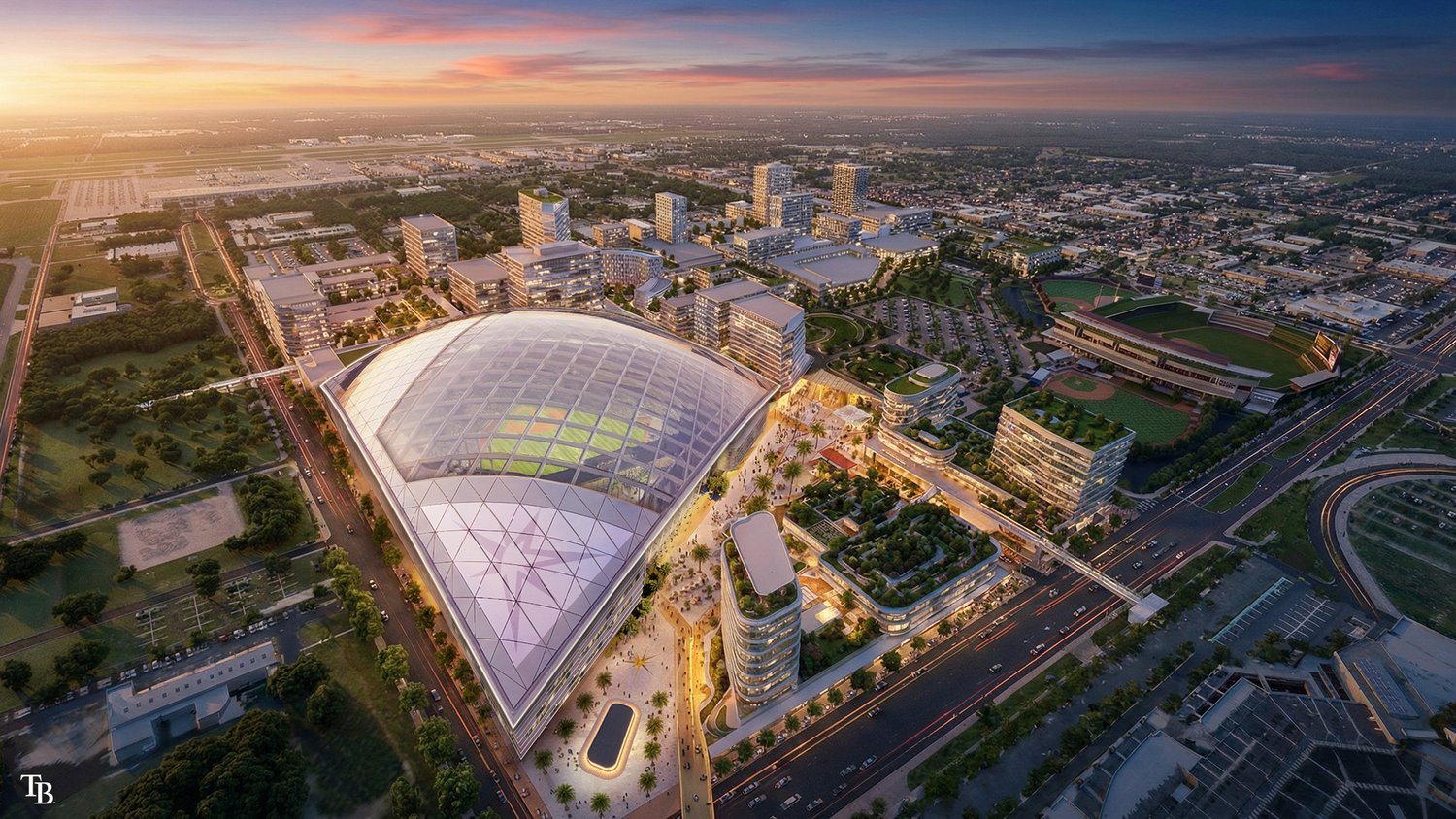 Aerial rendering of the Tampa Bay Rays ballpark and mixed-use district at the Hillsborough College Dale Mabry campus