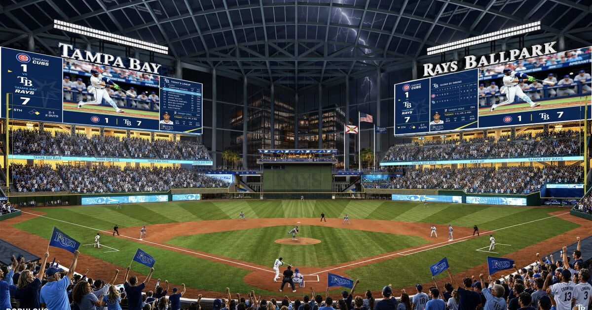 Night-game rendering inside the proposed Rays ballpark