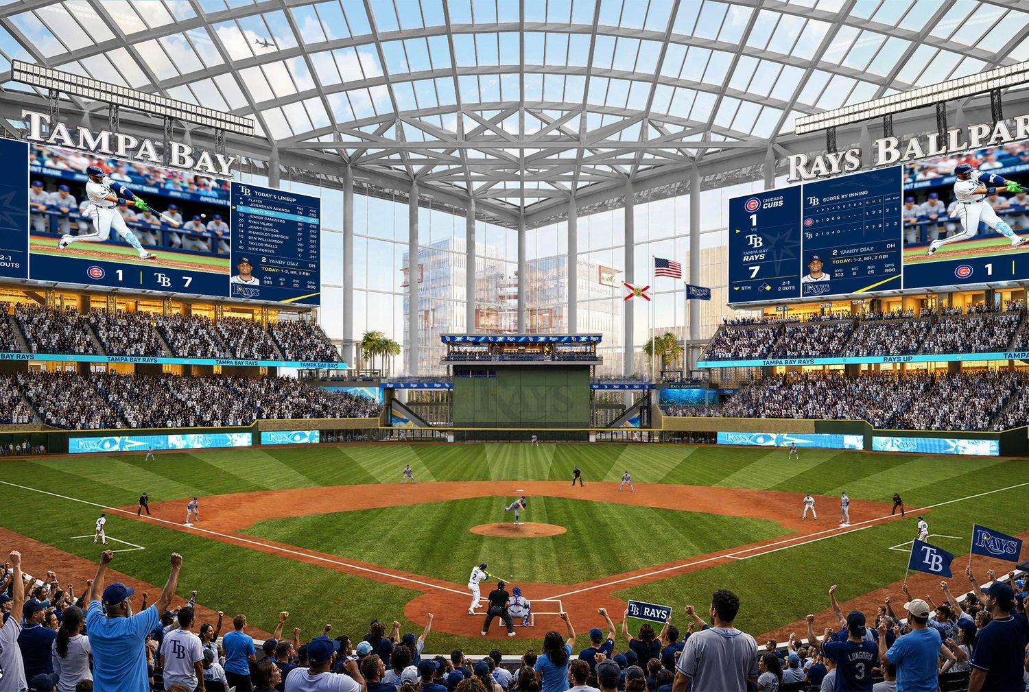 Interior rendering of the proposed Rays ballpark showing the seating bowl and translucent roof