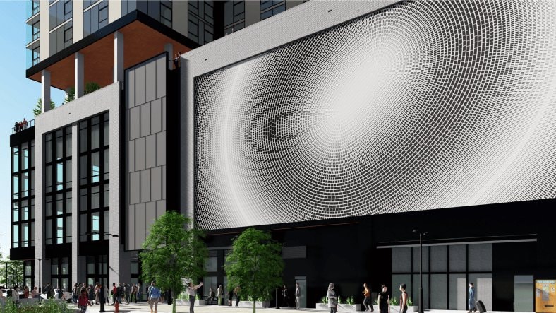 Rendering of the perforated garage art screen at Paseo South Gulch