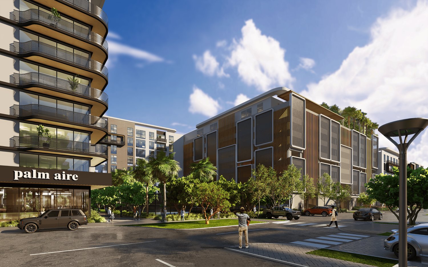 Street-level rendering of the Palm Aire entrance and arrival plaza