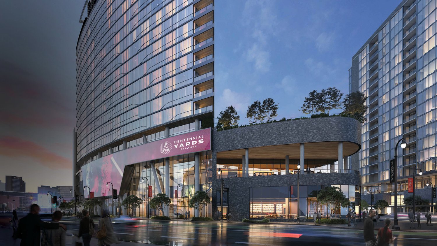 Street-level rendering of Hotel Phoenix's podium and tower at Centennial Yards