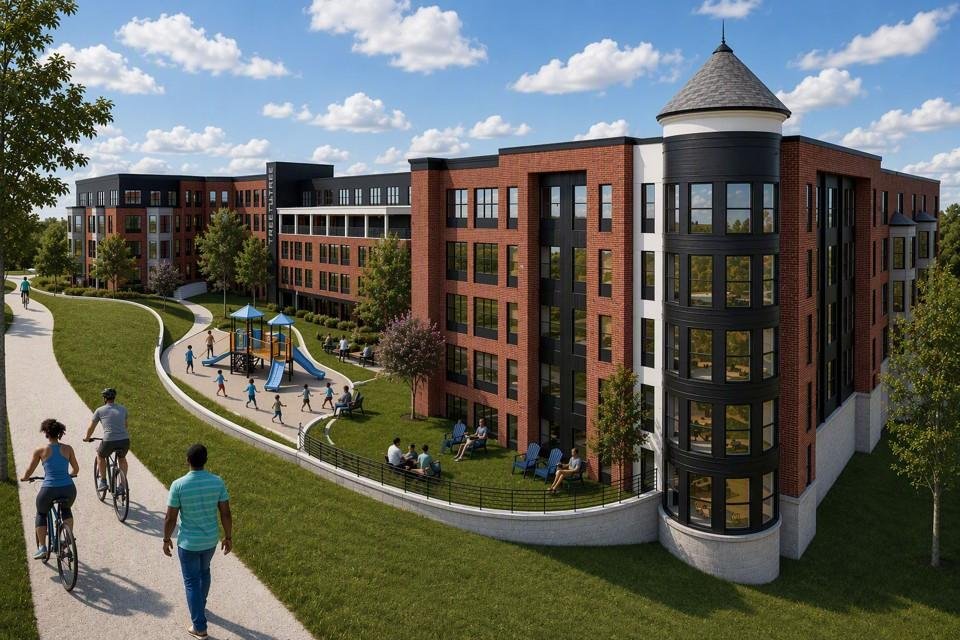 Rendering of Trestletree Village showing new mixed-income buildings fronting the Beltline trail with a playground and green space