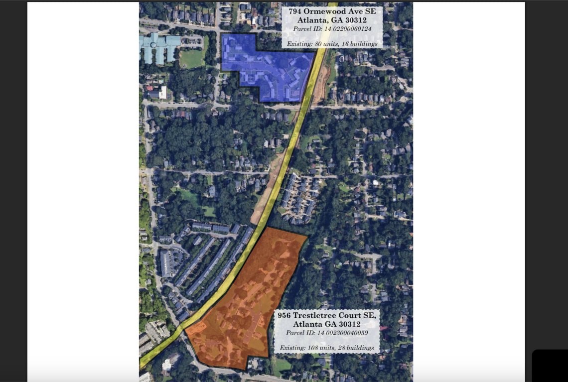 Aerial map of the Trestletree Village redevelopment parcels at 794 Ormewood Ave. SE and 956 Trestletree Court SE