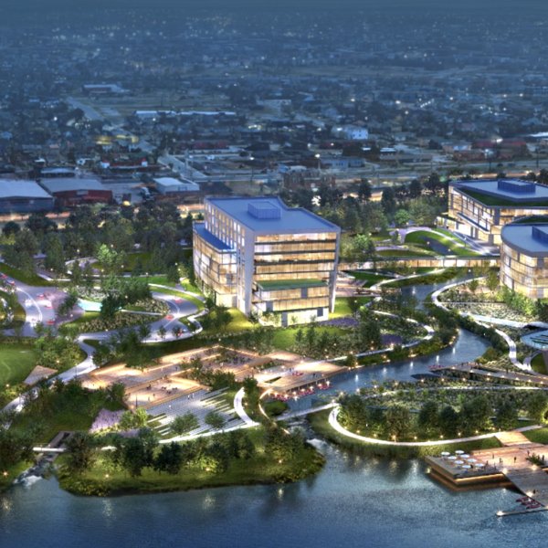 Rendering of Oracle's proposed River North campus showing office buildings and riverfront green space