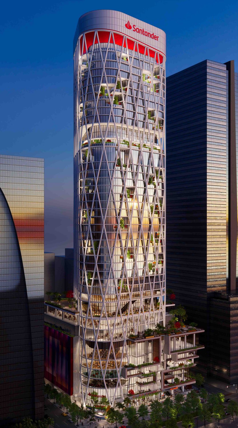 Rendering of Santander Tower at 1401 Brickell Avenue at dusk, showing the diagrid facade and illuminated crown