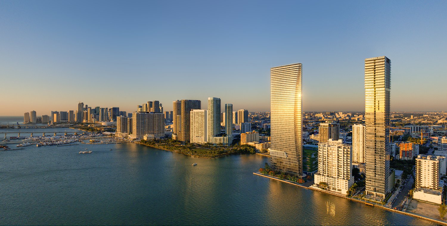 Aerial rendering of EDITION Residences, Miami Edgewater on the Biscayne Bay waterfront