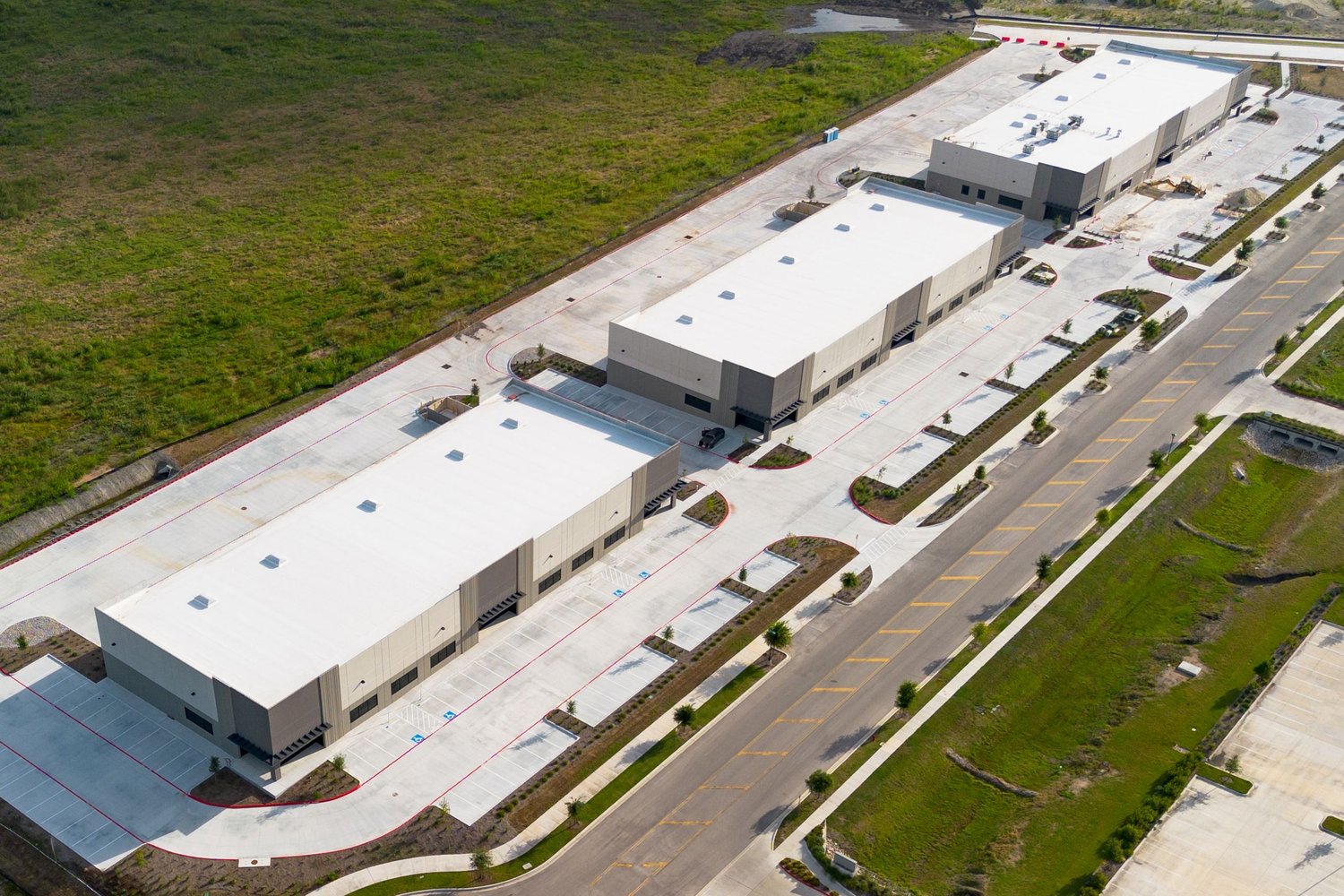 Aerial view of new flex warehouse buildings at Dacy Business Park Phase 3