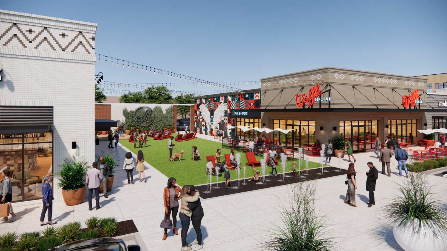Rendering of one of Trademark Property Company's four new Texas retail projects, featuring an open-air plaza with restaurant and entertainment space