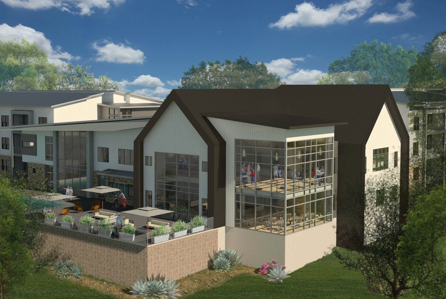 Rendering of the clubhouse and amenity terrace at Serenova at Dripping Springs