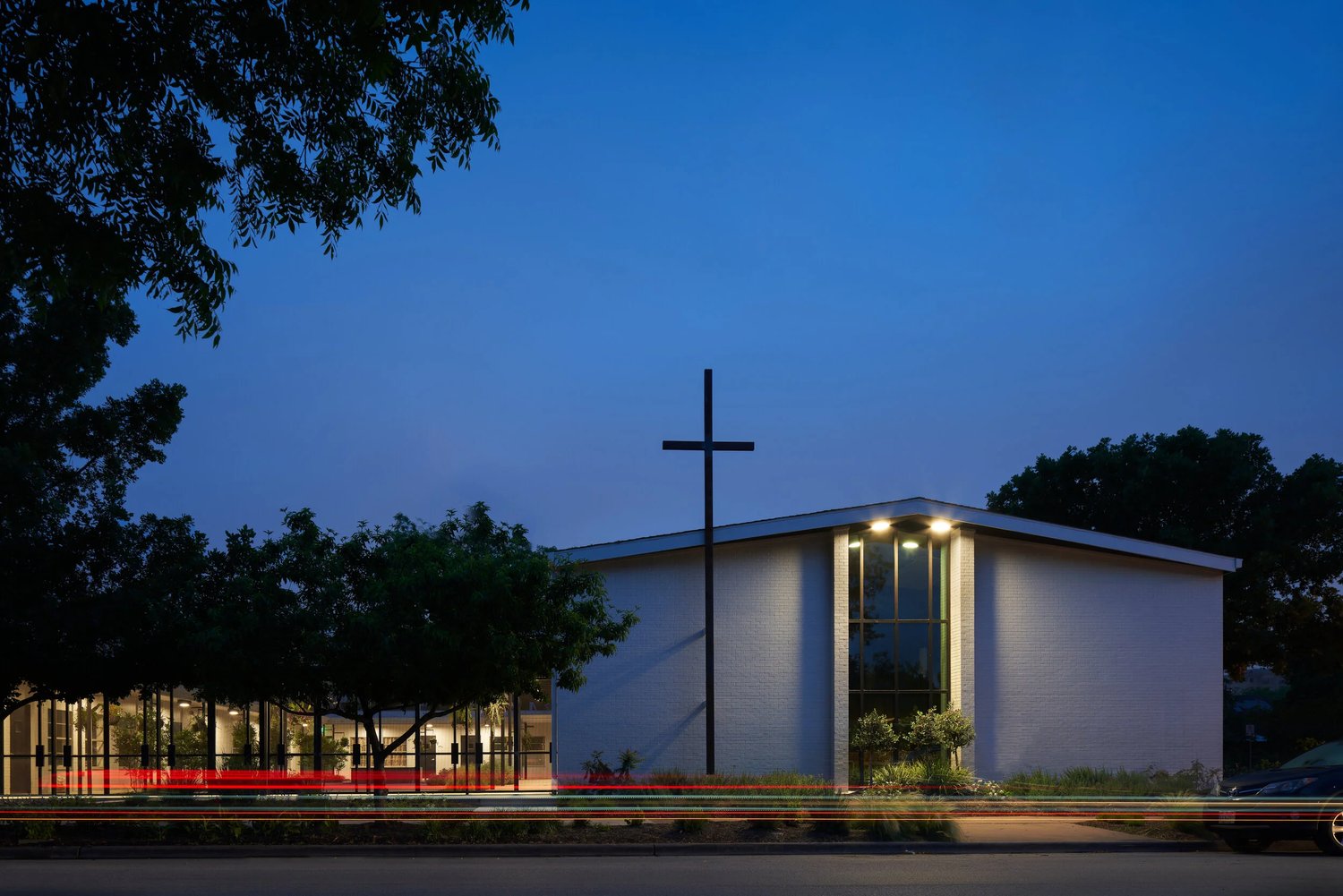 Christ Church of Central Austin sanctuary at dusk