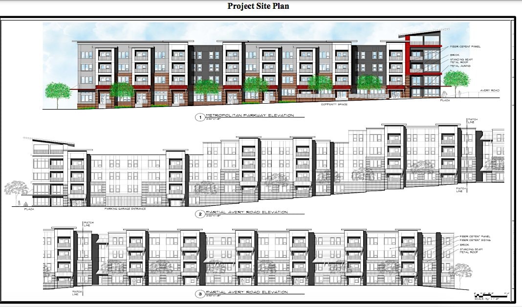 Site plan and elevations for the Metropolitan Parkway housing development