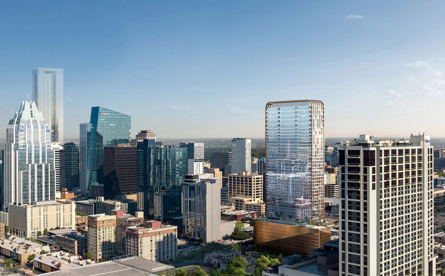 Wilson Tower rendering from the project's official website, viewed within the downtown Austin skyline