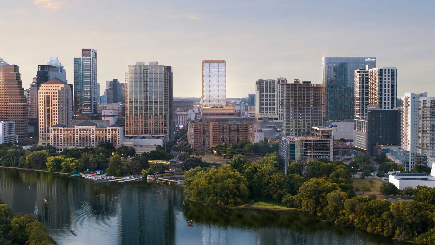Wilson Tower shown in the downtown Austin skyline from across Lady Bird Lake