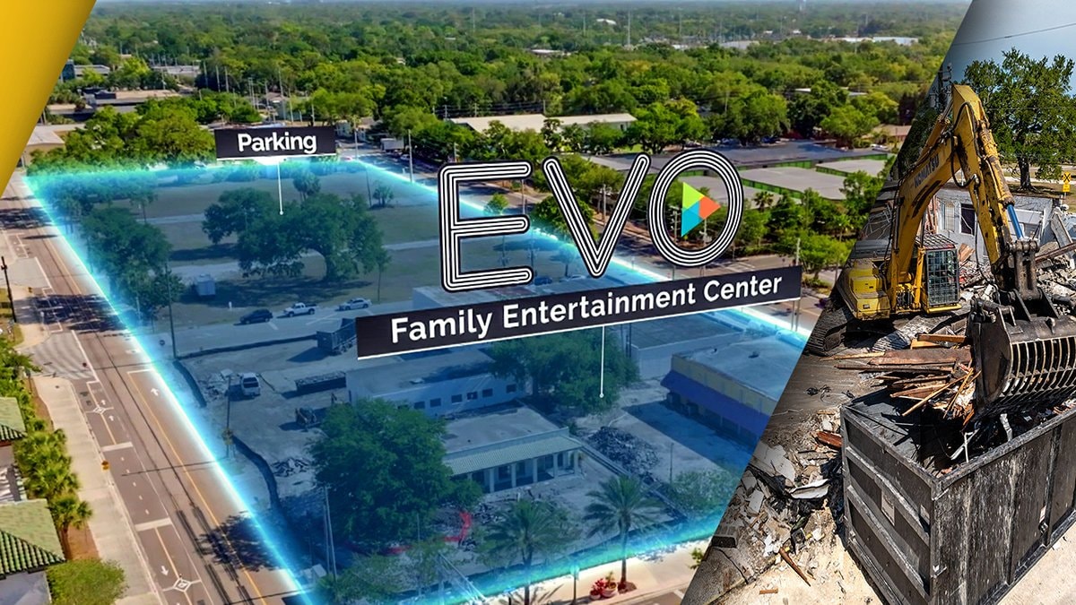 Aerial view of the EVO Entertainment Center site at Cleveland Street and Myrtle Avenue, with demolition underway