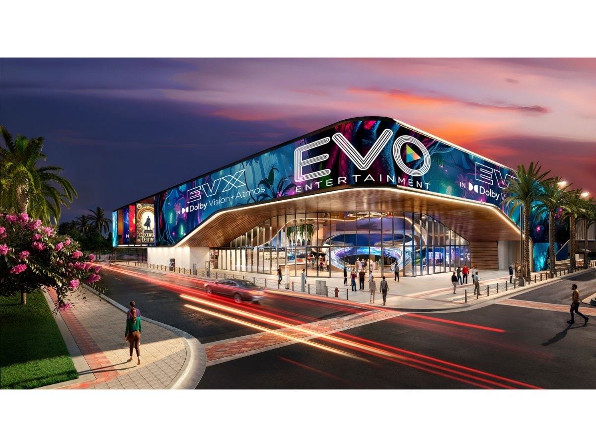 Evening rendering of the EVO Entertainment center, which will feature an EVX premium cinema screen with Dolby Vision and Atmos