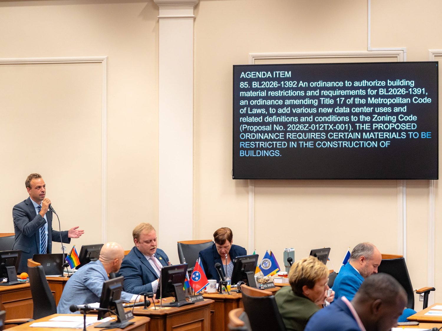 Metro Council considers BL2026-1392, the data center building material restrictions ordinance, during a council meeting