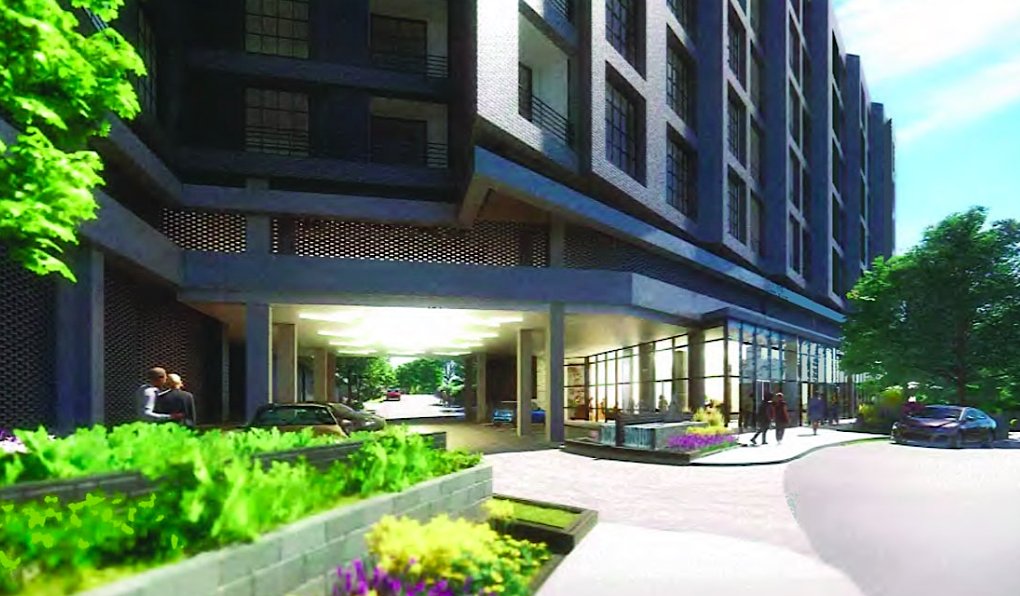Street-level rendering of the entry drive at the 2 Sun Court apartments