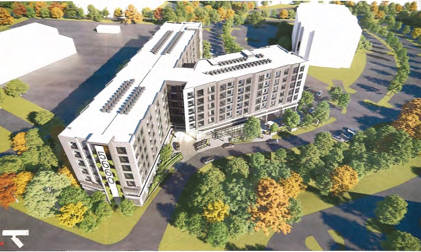 Aerial rendering of the 2 Sun Court Housing Proposal at 5660 Spalding Drive, Peachtree Corners