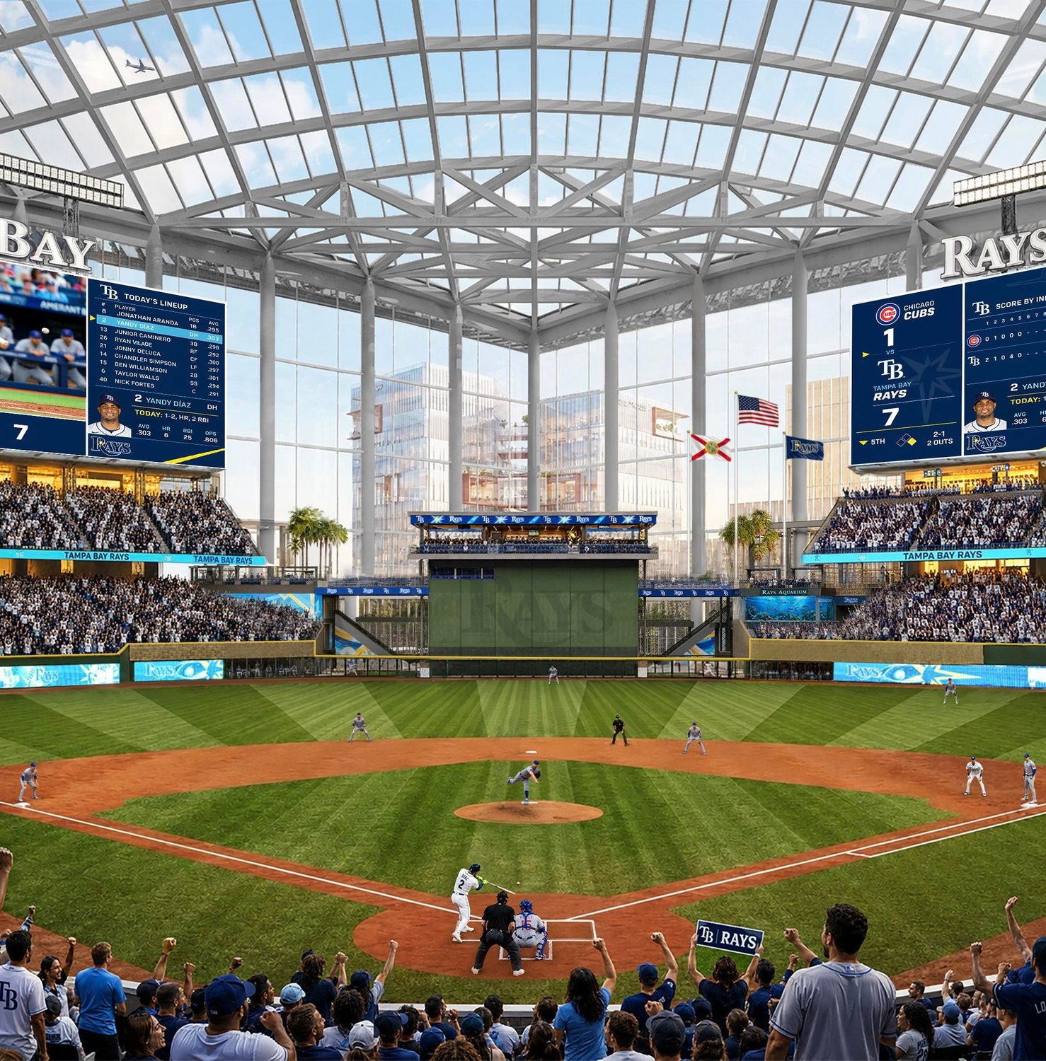 Interior rendering of the proposed Tampa Bay Rays ballpark showing the field and fixed roof