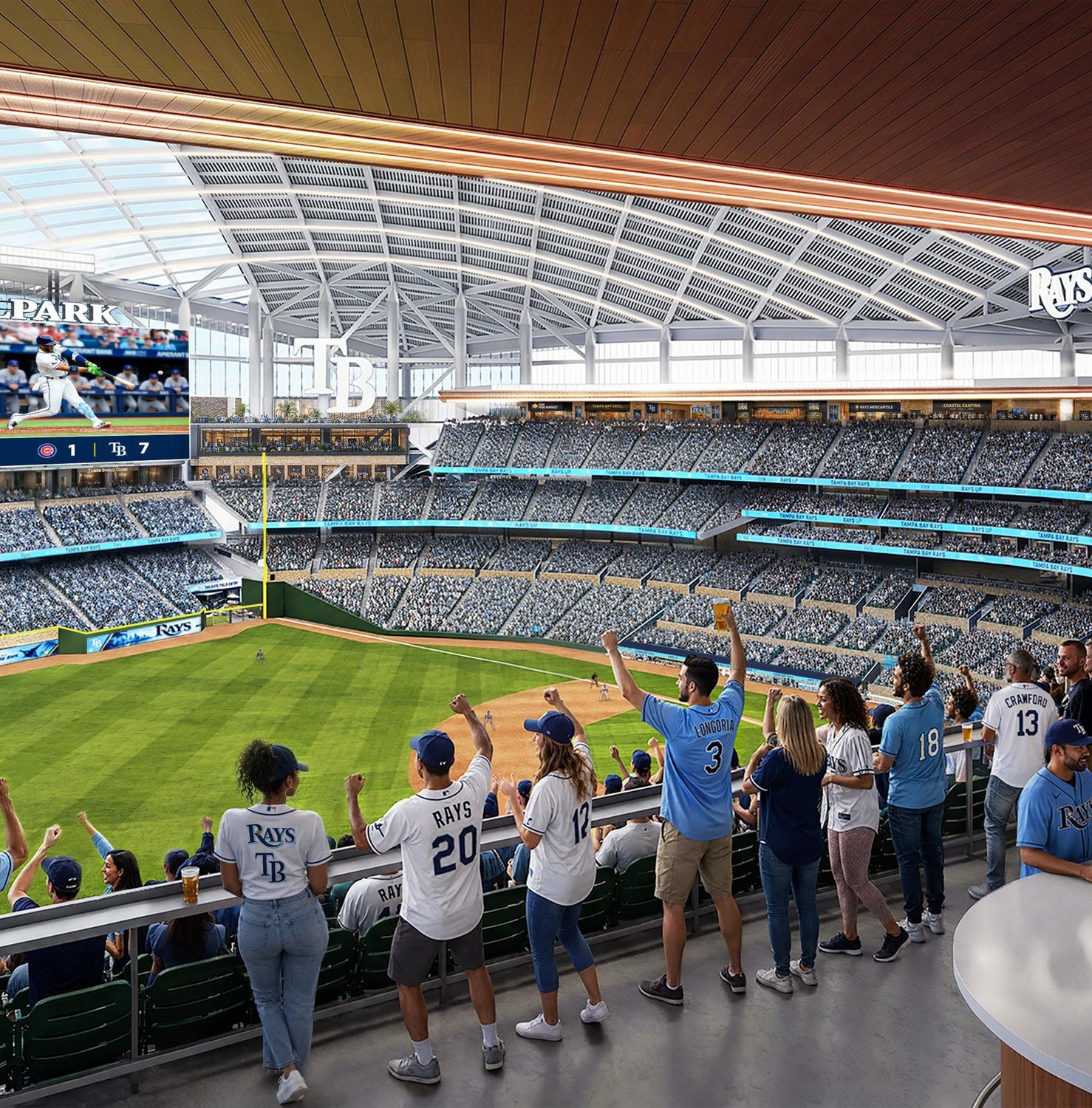 Rendering of a social deck overlooking the field inside the proposed ballpark