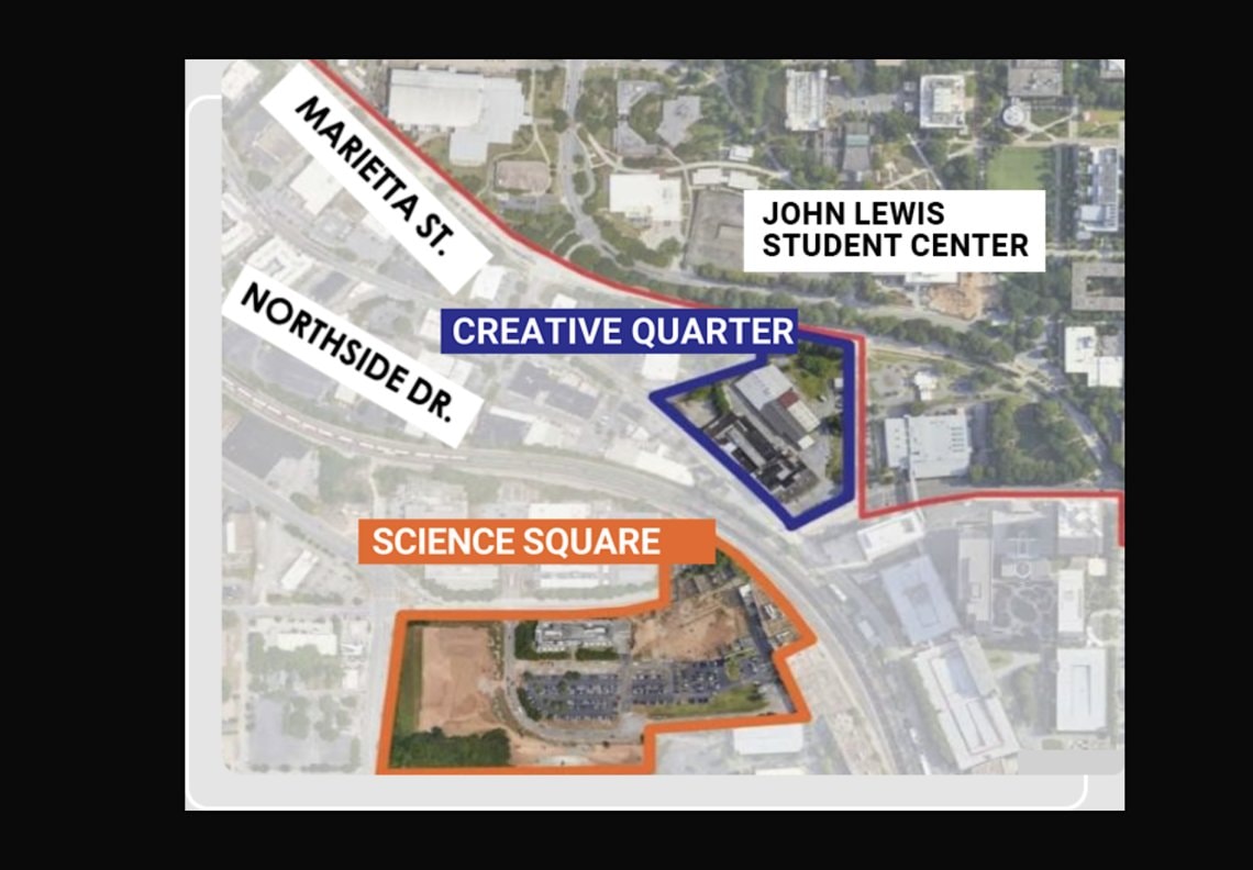 Map showing the Creative Quarter and Science Square districts on the edge of Georgia Tech's campus