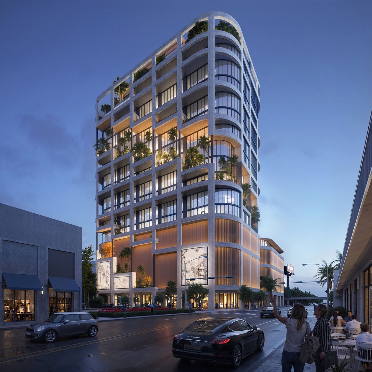 Dusk rendering of The Ursa, a proposed office tower in the Miami Design District