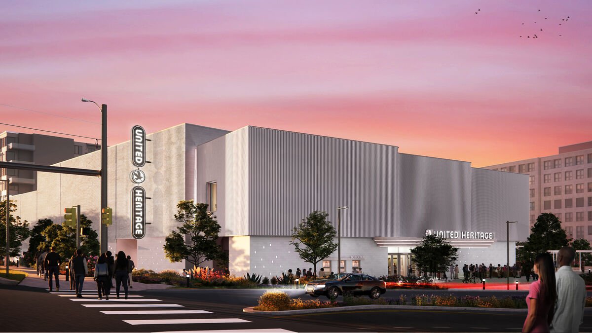 Rendering of United Heritage Hall at sunset, with the venue's vertical marquee sign