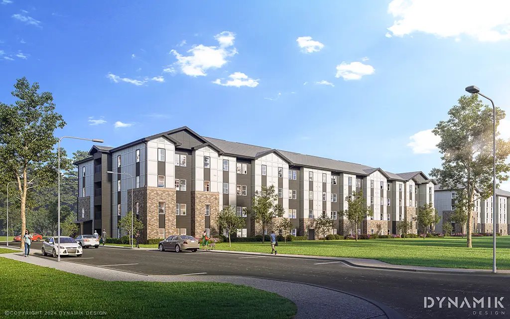 Rendering of the apartment buildings at The Flats and Villas at Stone Hogan in southwest Atlanta