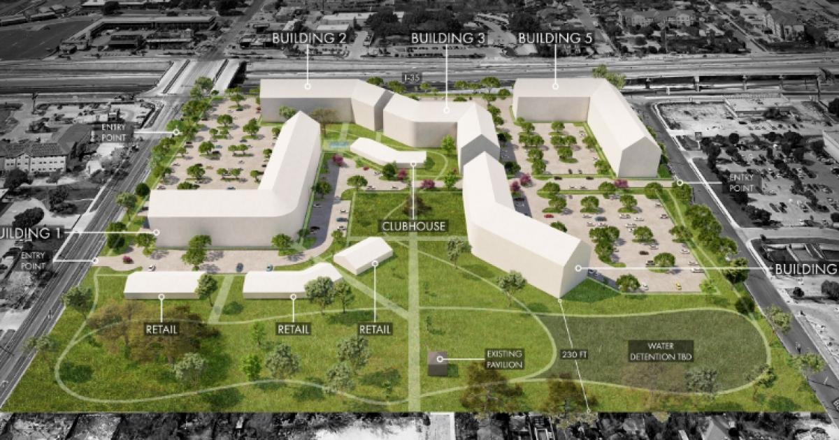 Conceptual massing rendering of the St. John Site Redevelopment along I-35, showing five apartment buildings, retail, and a central green