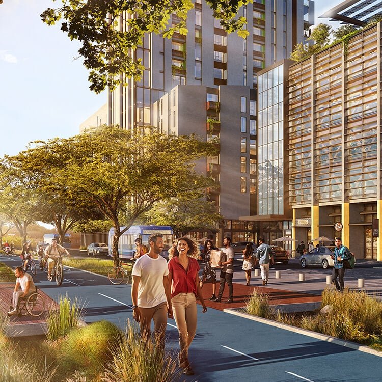 Conceptual rendering of transit-oriented development along a Project Connect corridor, from the Austin ETOD Strategy Study