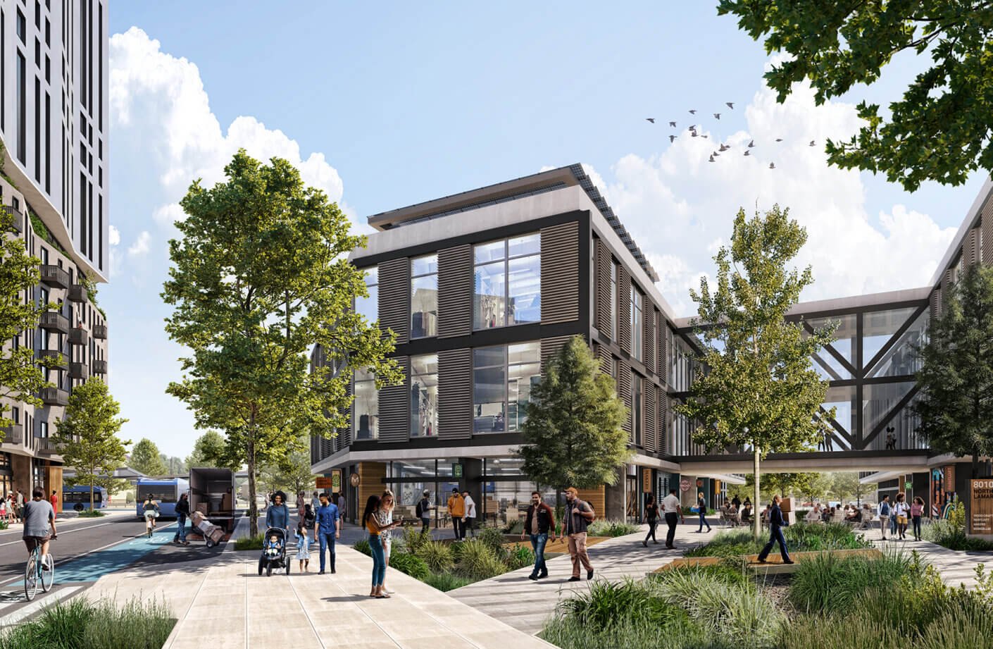 Conceptual rendering of walkable mixed-use development envisioned in Austin's Equitable Transit-Oriented Development study