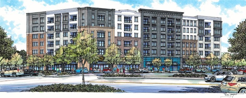 Street-level rendering of The Residences at Cool Springs Galleria with ground-floor retail