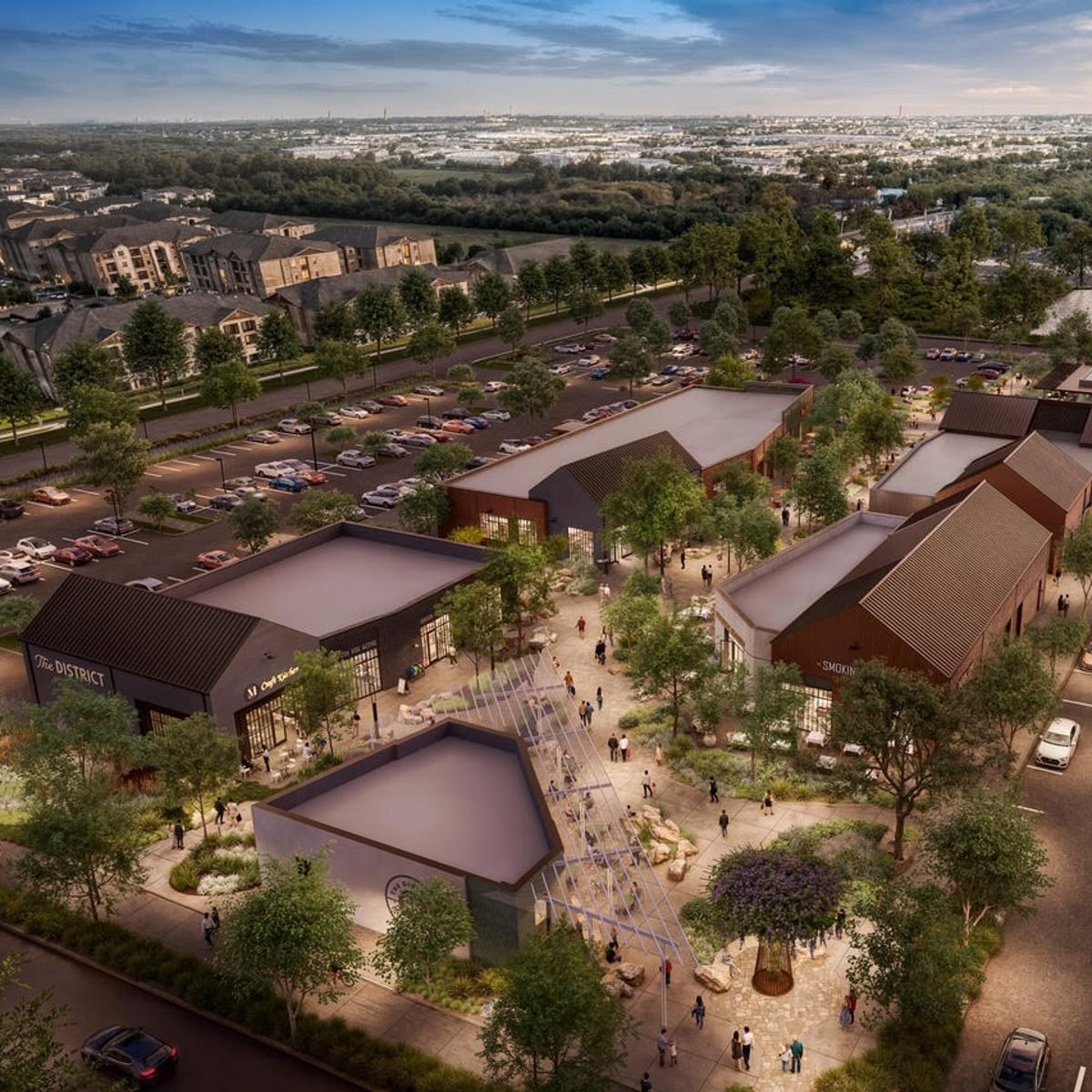 Aerial rendering of The District's retail plaza at SH 45 and I-35 in Round Rock