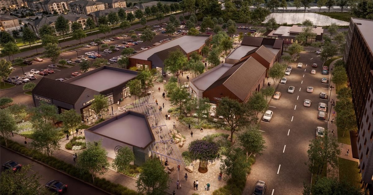 Aerial rendering of the retail and dining village at The District