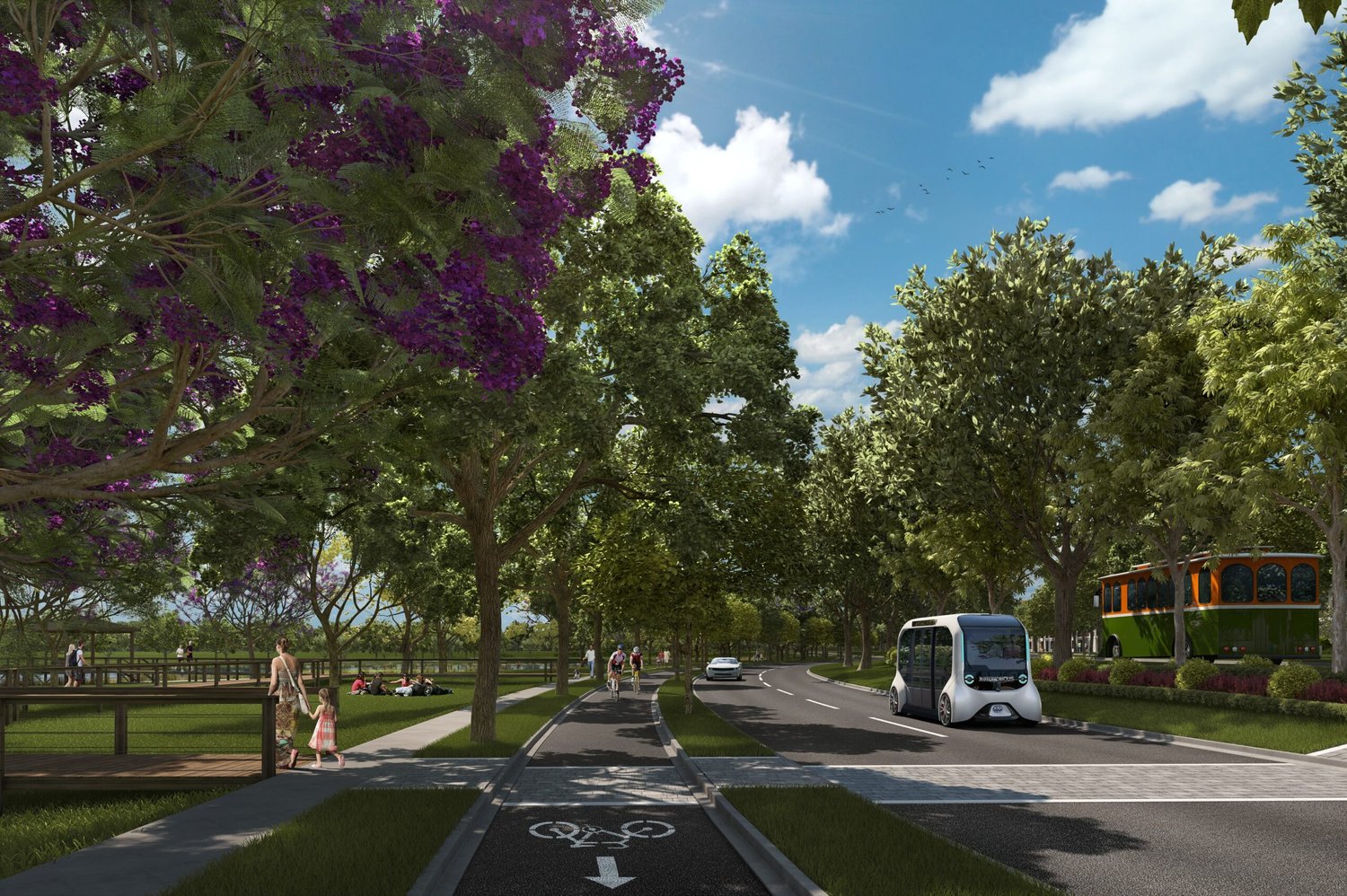 Rendering of a multimodal street with bike lanes and shuttle service at City Park at West Kendall