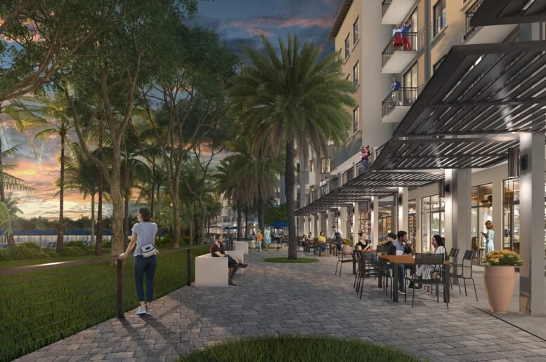 Rendering of the pedestrian promenade and ground-floor retail at City Park at West Kendall