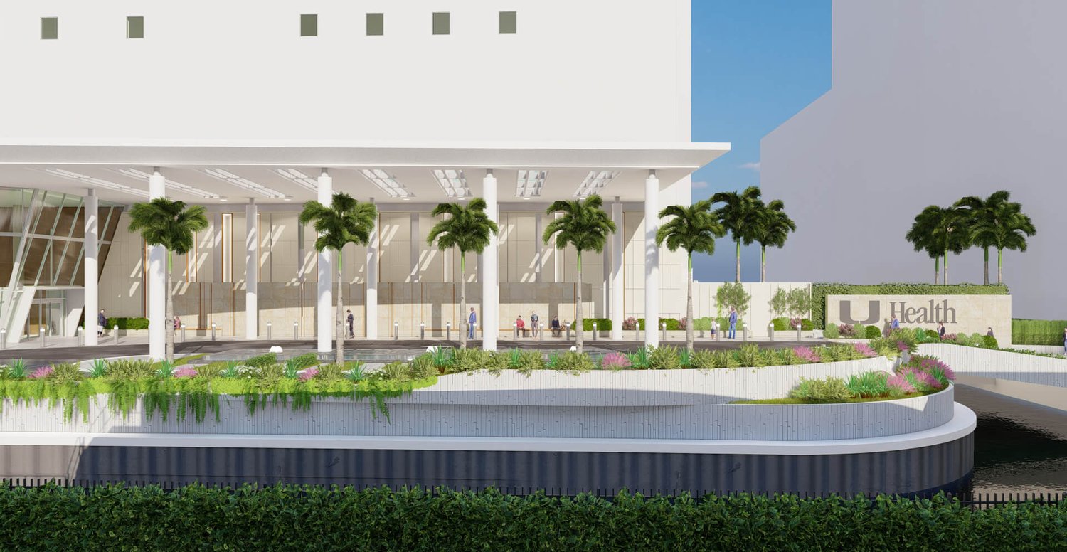 Rendering of the new entry plaza and drop-off at UHealth Tower