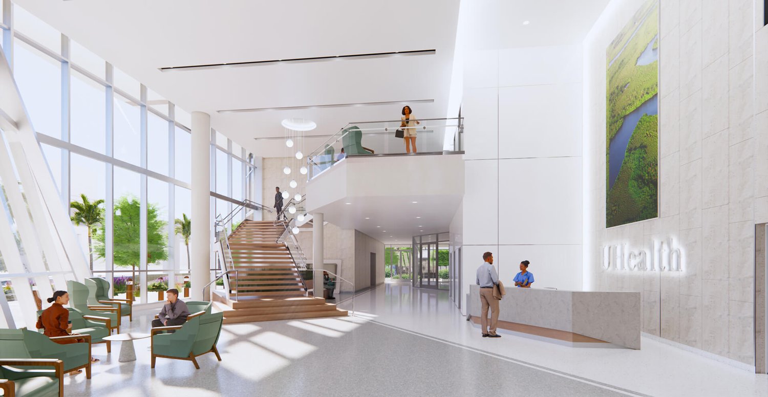 Rendering of the renovated main lobby at UHealth Tower
