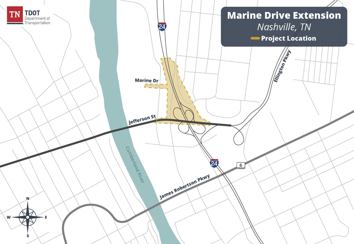 TDOT location map for the Marine Drive Extension project (DB2602) in Nashville