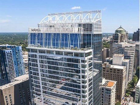 Aerial view of the completed 300 South Tryon tower in Uptown Charlotte