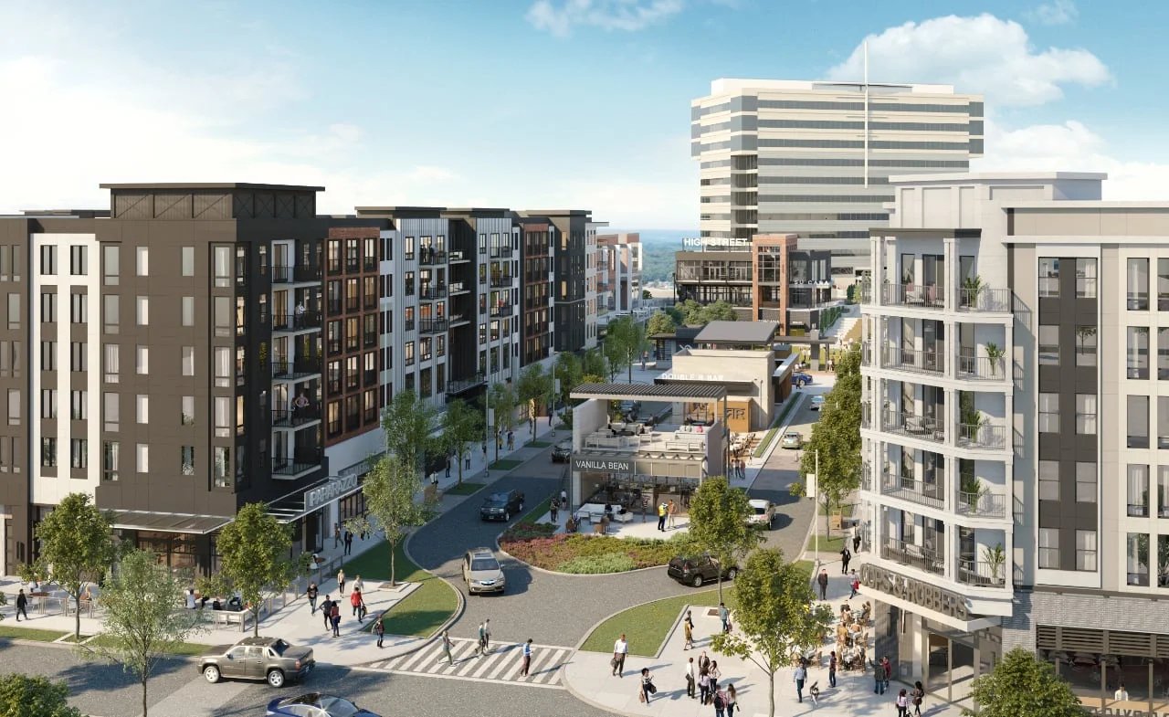 Rendering of the High Street mixed-use development along its central street in Dunwoody's Perimeter Center