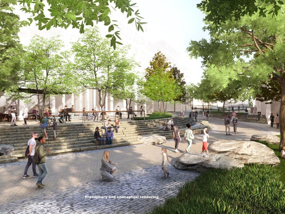 Conceptual rendering of a terraced public plaza in Vanderbilt's Innovation Neighborhood