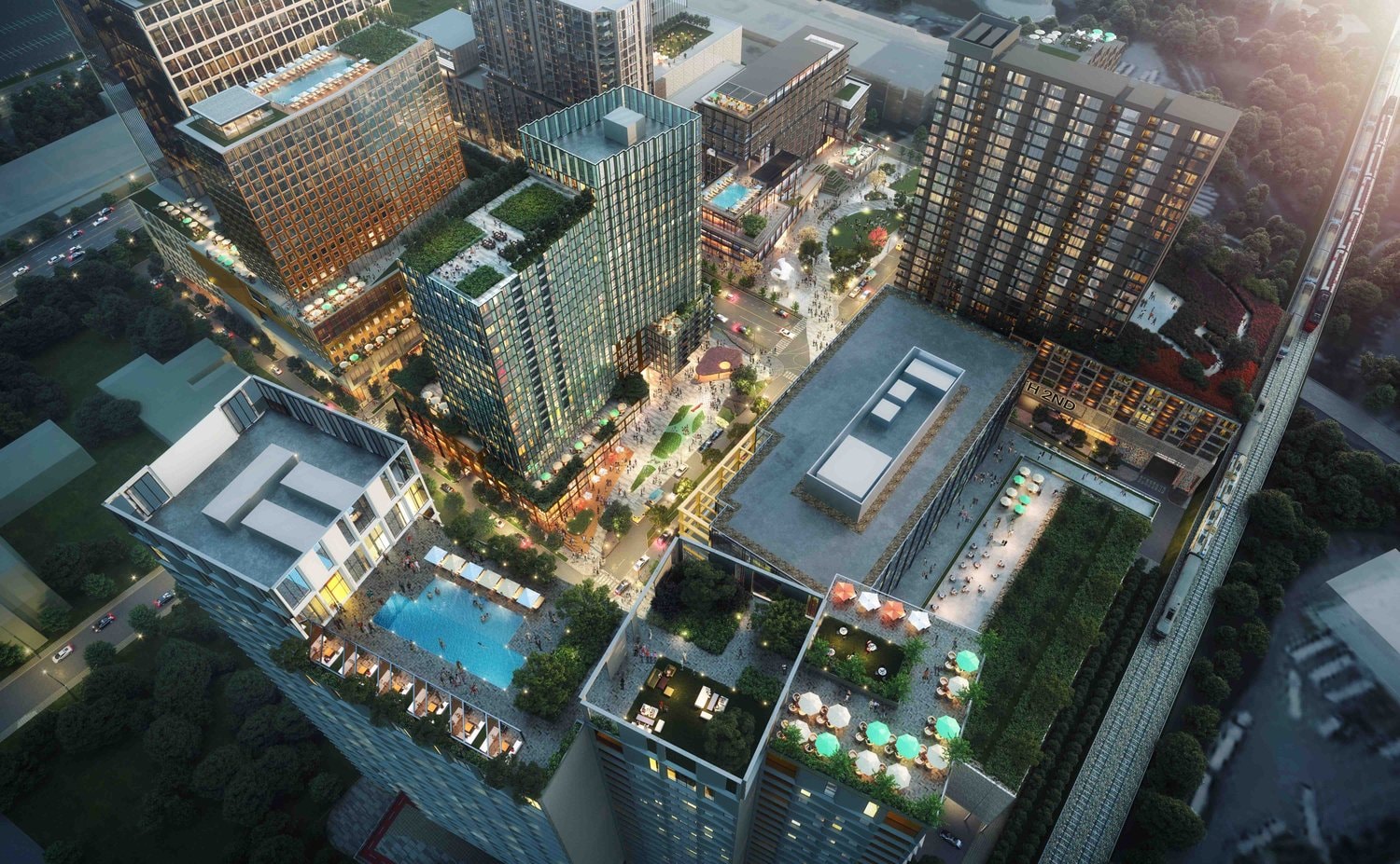 Aerial rendering of the full Station East development on Nashville's East Bank