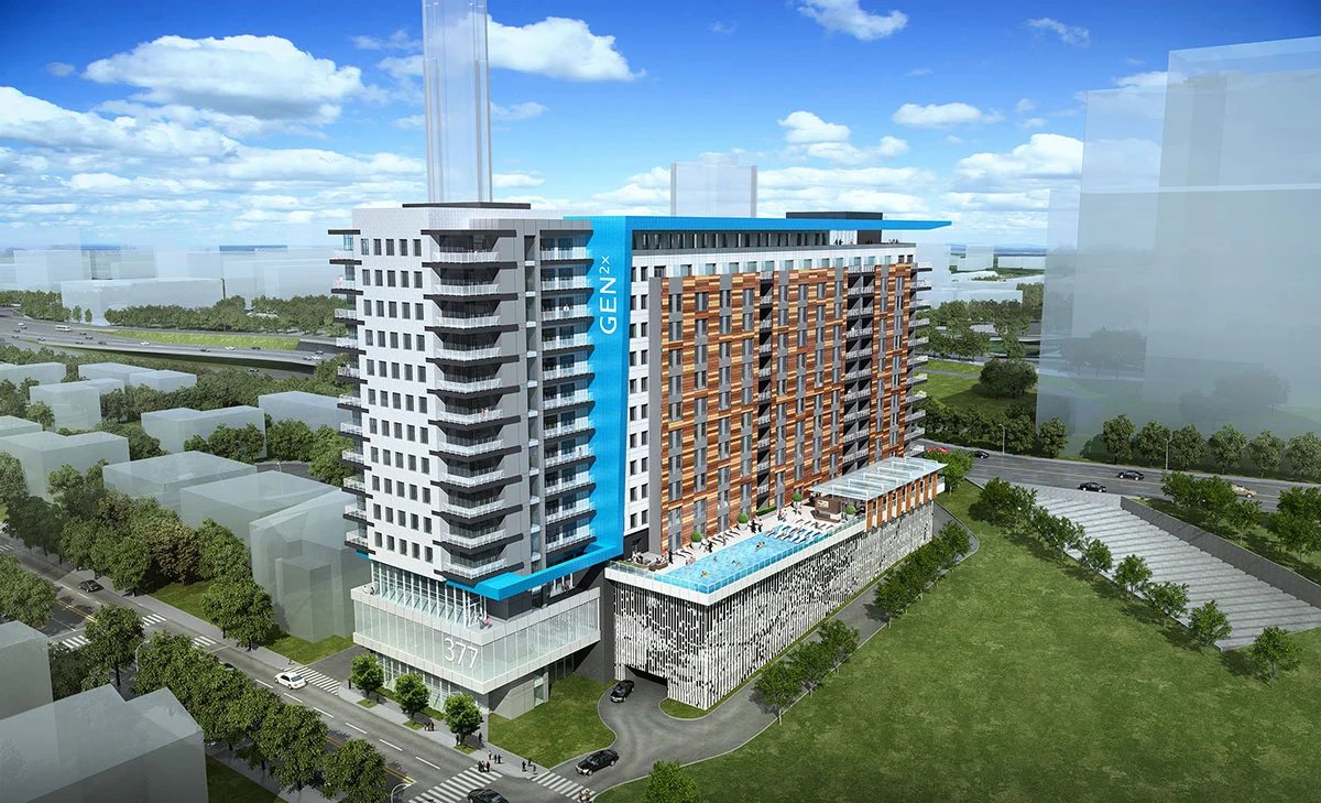 Aerial rendering of Generation Atlanta showing the rooftop amenity deck
