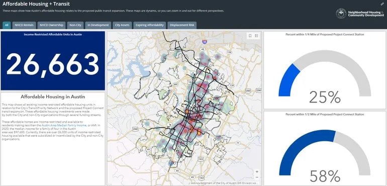 City of Austin map showing 26,663 income-restricted affordable housing units relative to proposed Project Connect stations